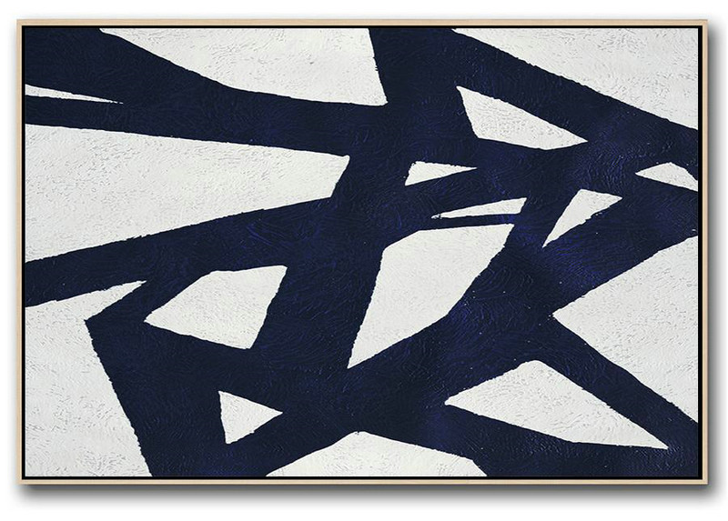 Large Abstract Art Handmade Acrylic Painting,Horizontal Abstract Painting Navy Blue Minimalist Painting On Canvas,Canvas Artwork For Sale